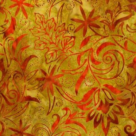 Anthology - 206Q-2 Mustard - Contour floral batik .Art inspired Hand painted van Bali, de beste kwaliteit batik.100% katoen 110 cm breed.